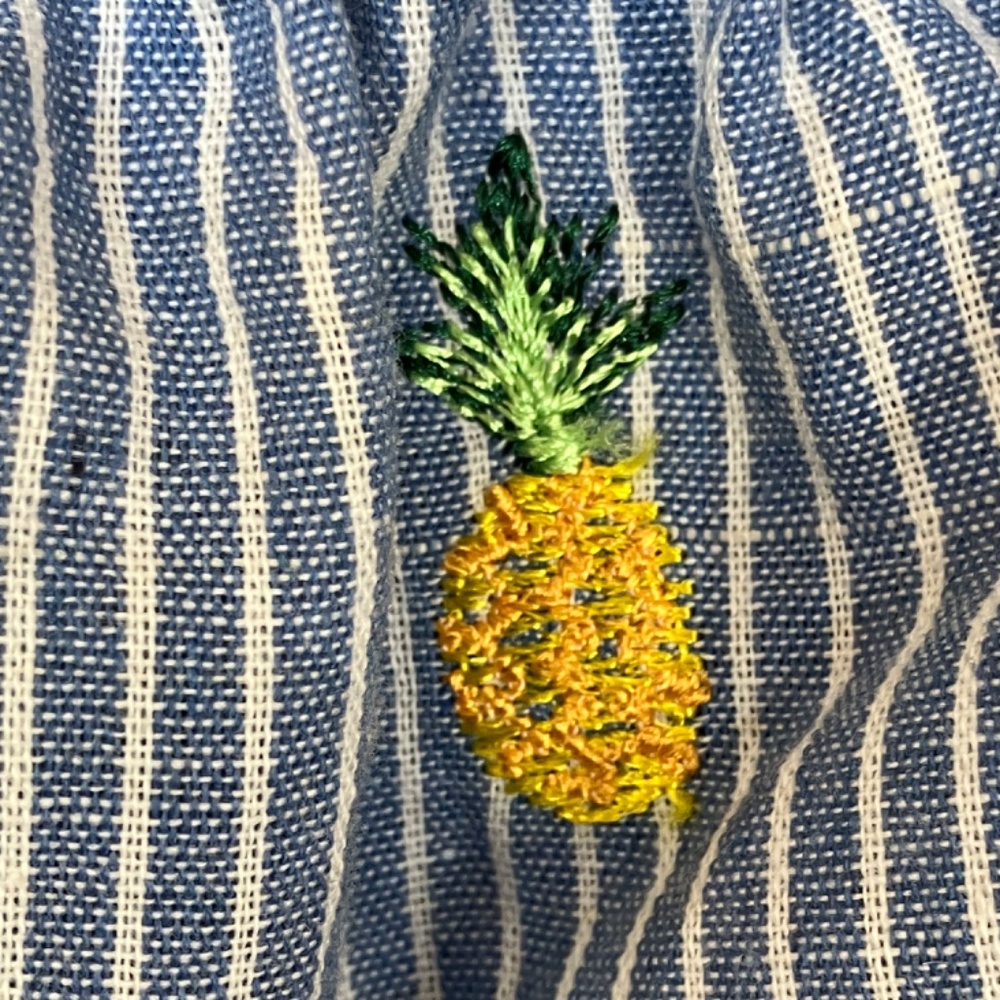 Blue and white striped jumpsuit, embroidered with pineapples and fabric belt - Picture 8 of 10